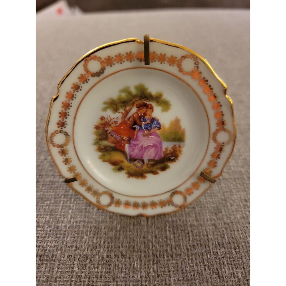 Limoges France COURTING COUPLE miniature 3" PLATE with Metal Stand